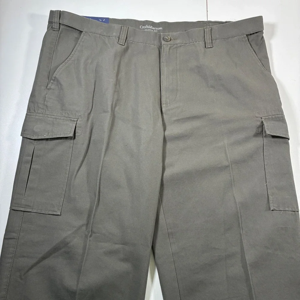 NEW Croft & Barrow Cargo Pants 44x32 Green Canvas Classic Fit Flat Front